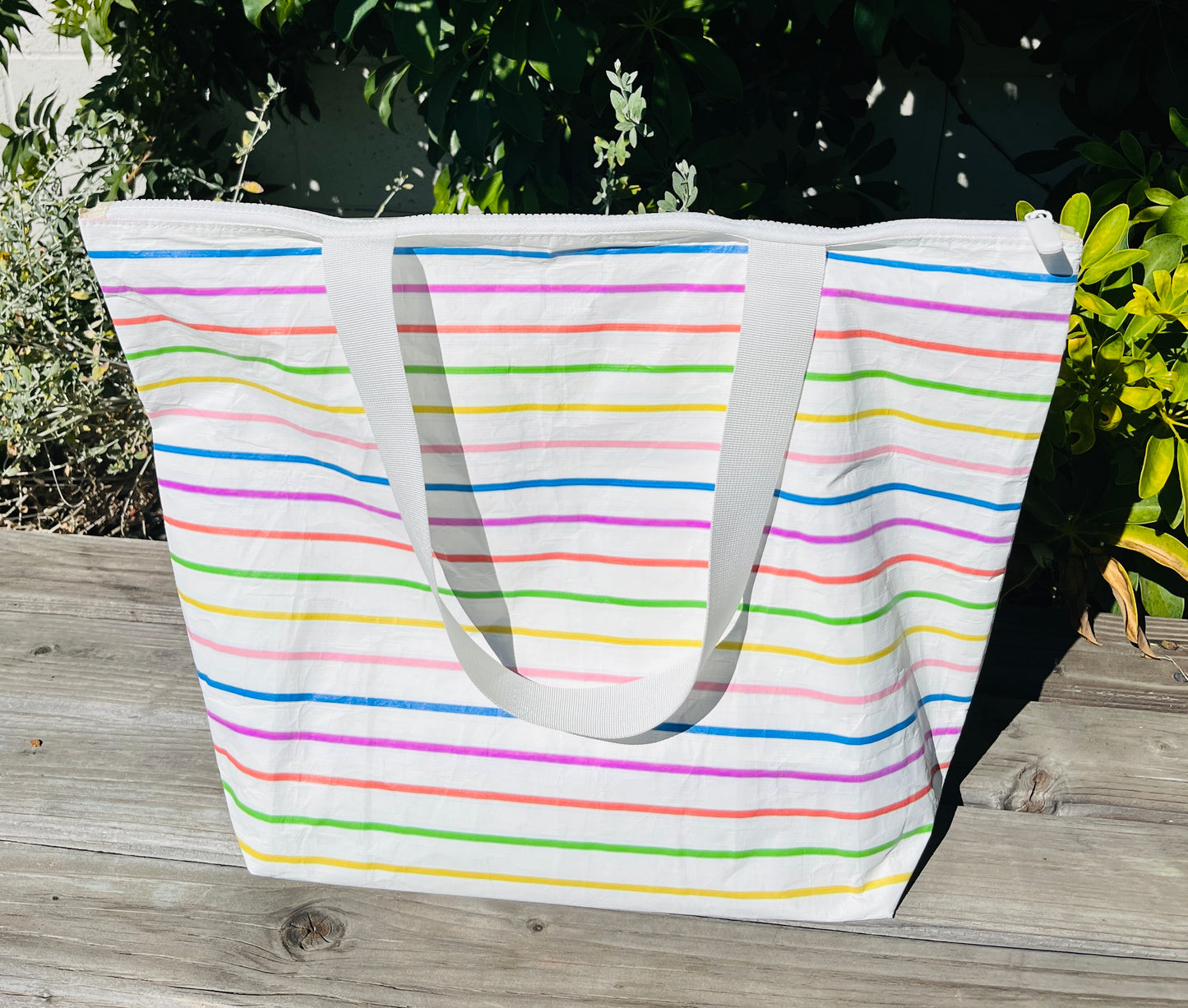 Rainbow Striped Zipper Tote Water Resistant