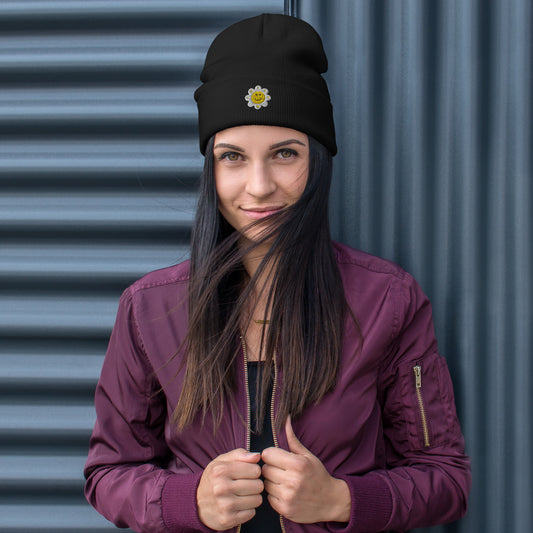 Embroidered Flower Smiles Beanie