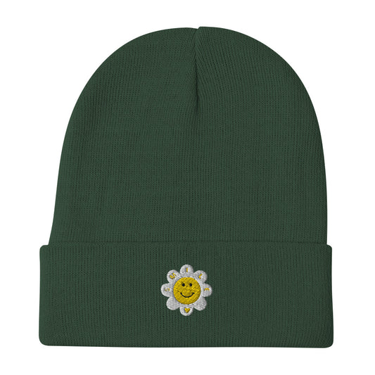 Embroidered Flower Smile Beanie